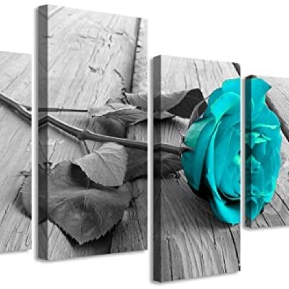 Teal Bathroom Decor - Teal Rose Floral Canvas Wall Art Large Black and White Mod